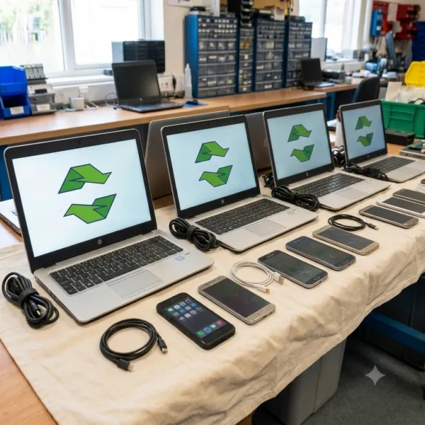 many different type of laptops are on the table for the e waste managemnet service from iris recycling in sydney