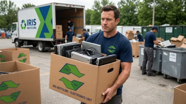man is carrying a box for the e waste recycling of the the cmputer products and components at iris recycling sydney