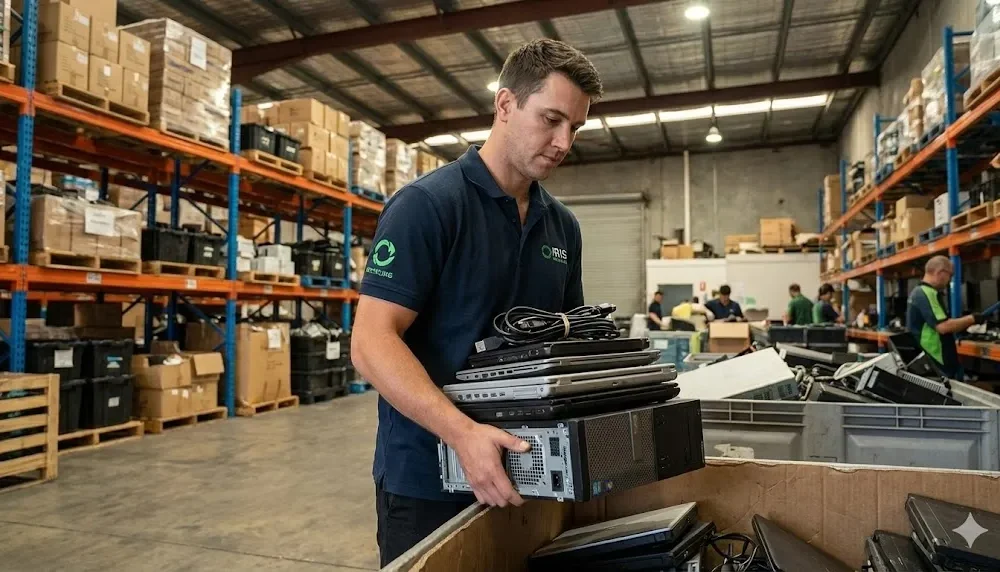 a man is holding computer asset to recycle at the iris recycling service in sydney